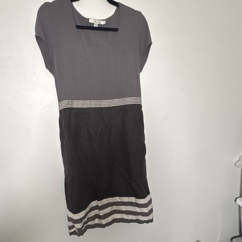 Boden Women’s Linen Dress Grey White Strip Short Sleeve Size 10 Boho Preppy